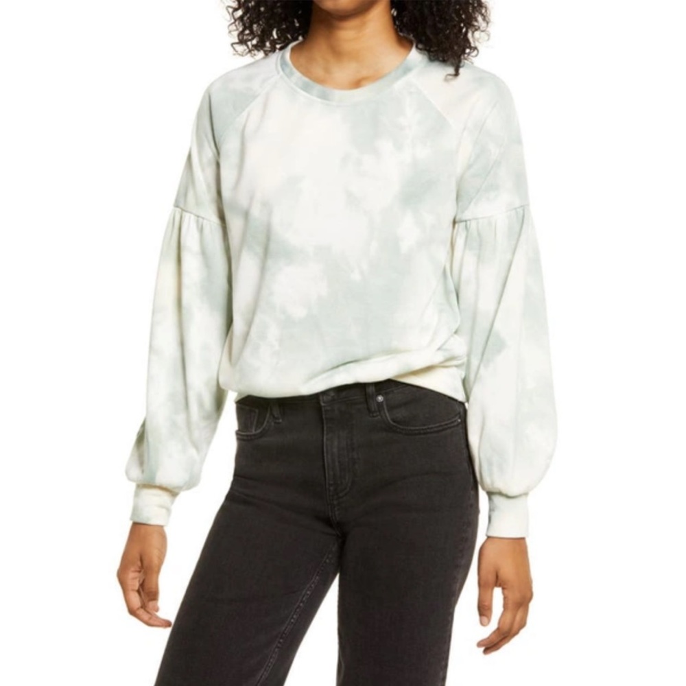 All In Favor Sage Tie Dye Puff Sleeve Sweatshirt Size Medium